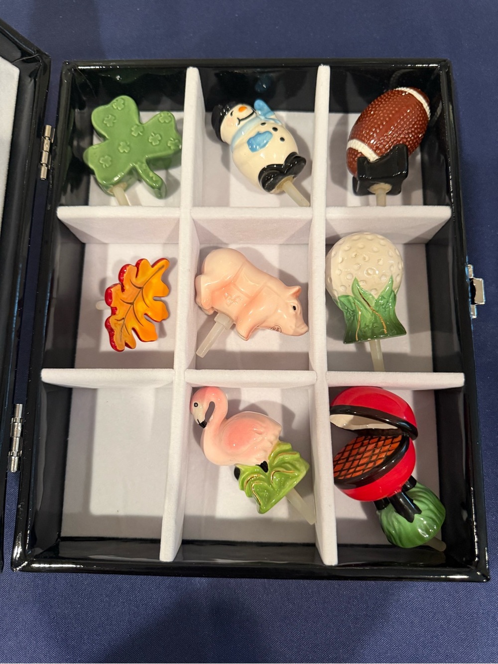 Nora Fleming Black Patent Keepsake Box + 8 Minis Football Golf Snowman Leaf